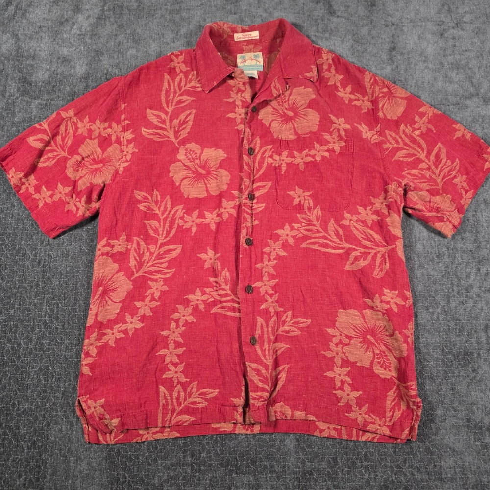 Reyn Spooner Mens Small Red Silk Linen Jacquard Hibiscus Hawaiian Aloha Shirt